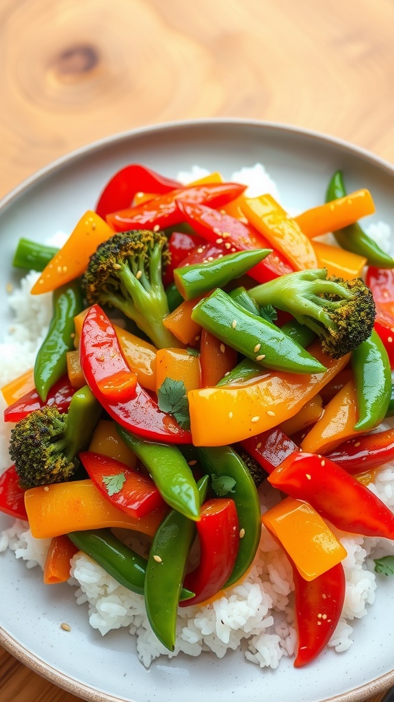 Vegan stir-fry with bell peppers, broccoli, and snap peas on rice, garnished with sesame seeds.